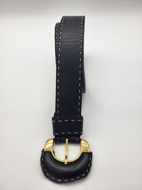 Black Leather Women’s Statement Belt with Contrasting Stitching and Gold Buckle
